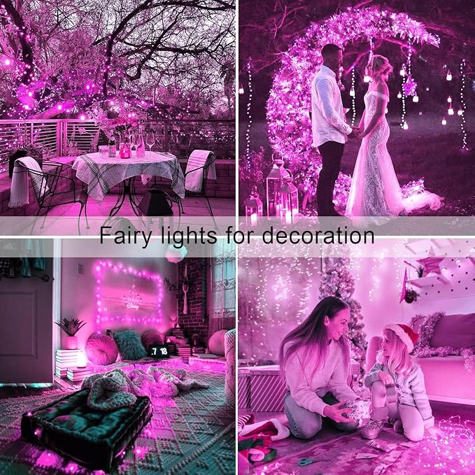 JMEXSUSS 4 Pack Solar Fairy Lights, 33ft 100 LED Pink Solar Lights Outdoor | Outdoor Waterproof, 8 Modes Copper Wire Solar String Lights for Yard Patio Garden Party Wedding Christmas Decorations