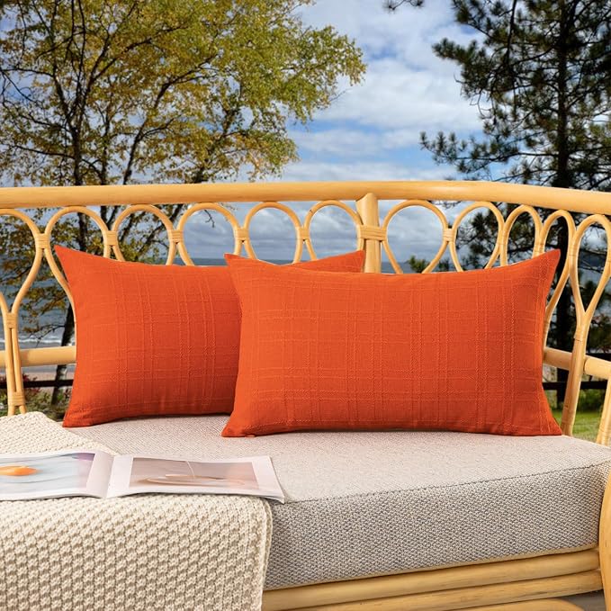 Kevin Textile Outdoor Waterproof 14”x24” Pillow Covers 2 Pack, Orange | Water Resistant, Soft Faux Linen-cotton Yarn-dyed Woven Texture Throw Pillow Covers for Tent Patio Garden Couch Sofa