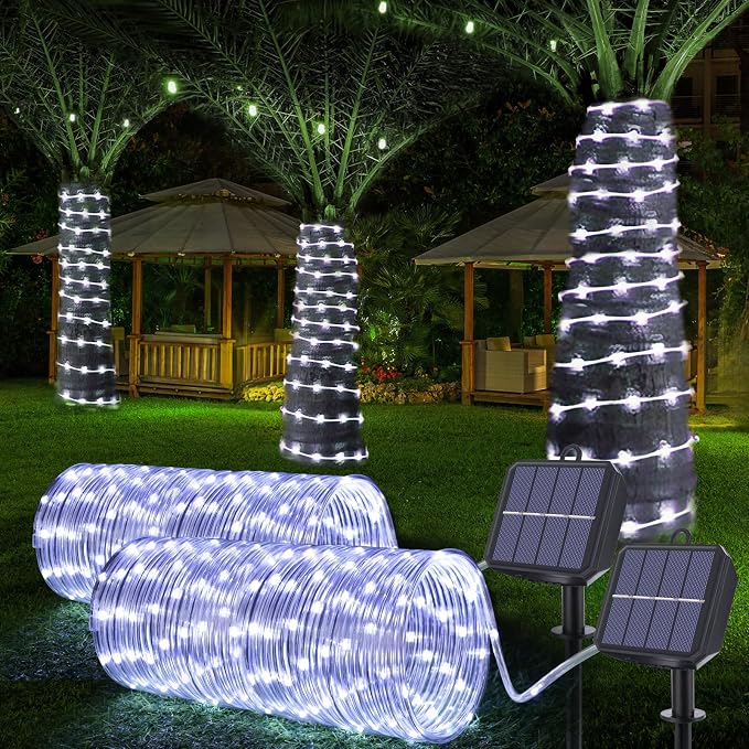 Solar Rope Lights, 2 Packs Total 132ft 400LED Solar String Lights, 8 Modes Waterproof Solar Outdoor Light, Flexible Clear Trampoline Light for Garden Backyard Patio Deck Pool Tree Decor - White