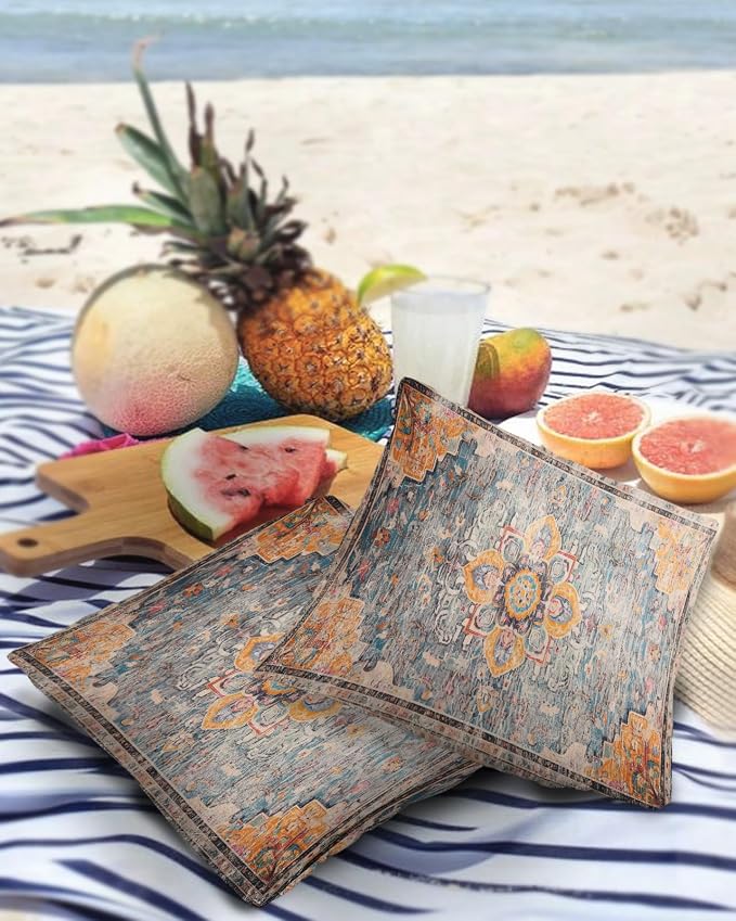 Prime Leader Outdoor Waterproof Pillow Covers Set of 2, Geometric Abstract Carpet Flowers Pattern Yellow Patio Throw Pillow Covers, Decorative Cushion Case for Couch Sofa Furniture Garden, 20x20 Inch