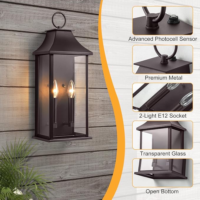 Dusk to Dawn Outdoor Wall Sconces 2-Light, 20.6", Bronze | Large Outside Wall Sconce, Aluminium Wall Light Fixture with Glass, Waterproof Exterior Lamp for House, Porch, Garage