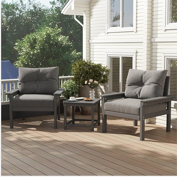 3 Piece HDPE Outdoor Patio Furniture Set, All-Weather 2 Armchairs with Side Table, Patio Conversation Set with Grey Washable Thick Cushion for Balcony/Porch/Backyard (Grey Frame)