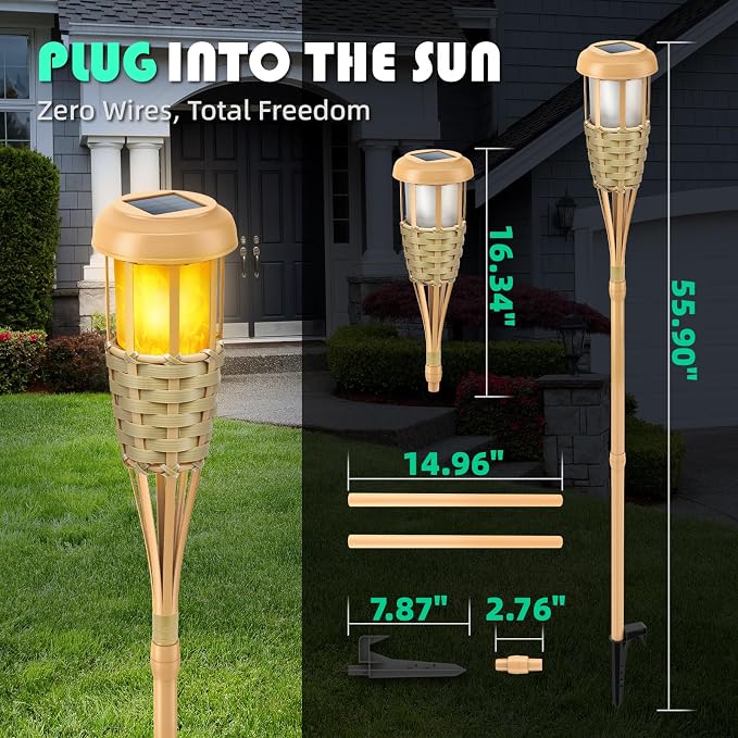 Flickering Flames Solar Powered Lights - Upgraded Solar Torches Waterproof Outdoor Decorative Lighting Auto On/Off, Handmade Bamboo Finish, 2-Pack