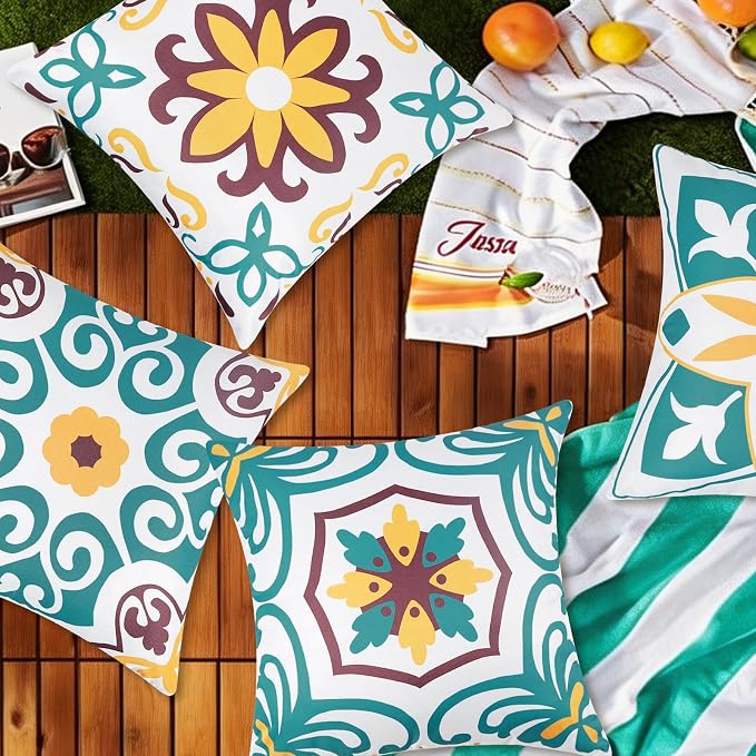 Pyonic Turquoise Waterproof Outdoor Pillow Covers 16x16 inch | Set of 4,Morocco Vintage Floral Boho Throw Pillow Covers ,Water Resist Outdoor Pillows for Patio Furniture Garden Yard