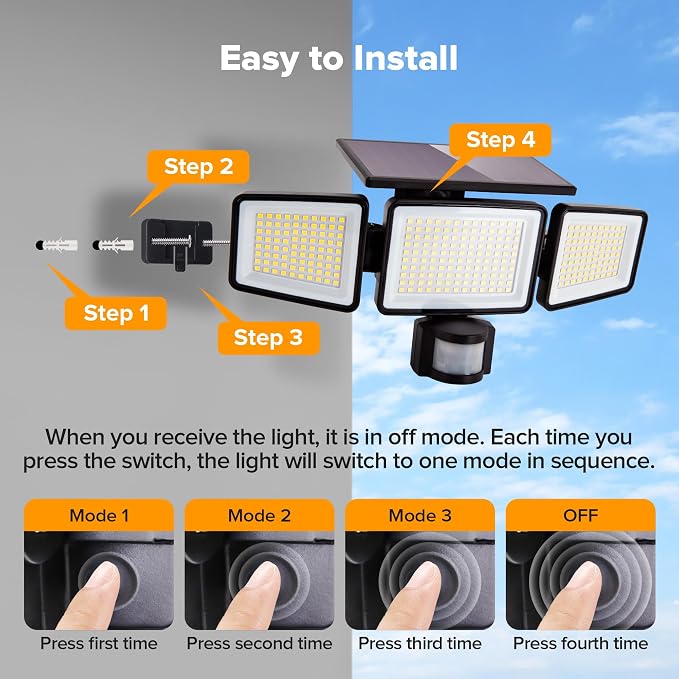 UME Solar Outdoor Lights 302 LED 3000LM, IP65 Waterproof Motion Sensor Outdoor Lights, 3 Heads Solar Security Flood Lights 270 Wide Lighting Angle with 3 Modes for Garden Patio Yard - 6 Pack
