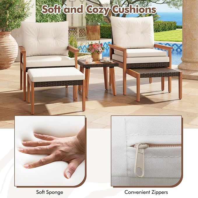 HAPPYGRILL 5 Pieces PE Rattan Patio Conversation Set, Wicker Chairs with Square Coffee Table, Ottomans & Soft Cushions, Outdoor Furniture Set with Solid Acacia Wood Frame for Porch, Balcony & Poolside