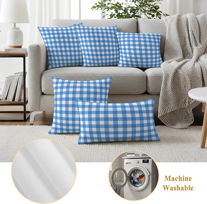 Sky Blue Checks Outdoor Pillow Covers 16"x16" Set of 2, White Gingham Plaid Abstract Modern Coastal Waterproof Throw Pillow Covers for Patio Furniture, Decorative Cushion Covers for Porch