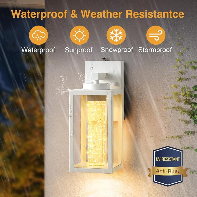 VIANIS 2 Pack Dusk to Dawn Outdoor Sconce Lights, White Built-in 10W LED Exterior Lighting Fixtures Wall Mount for House, Anti-Rust Modern Porch Lights Outdoor for Garage with Crystal Bubble Glass