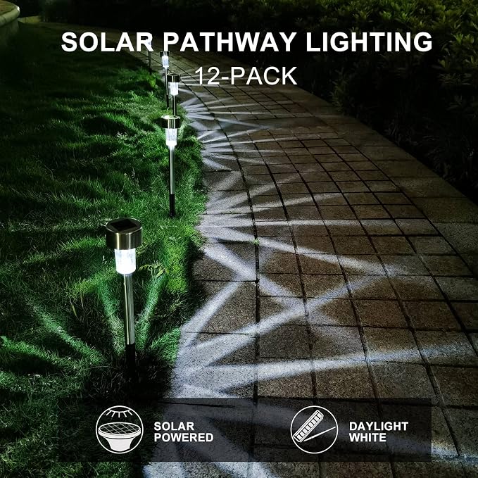 Solar Lights Outdoor Waterproof, Solar Garden Lights, Cold White, 12 Pack | Outdoor Solar Lights Stainless Steel LED Landscape Lighting Decorations for Yard Pathway Patio Lawn