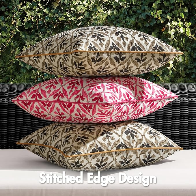 MIULEE Outdoor Floral Pillow Covers Waterproof 18x18 Hot Pink | Decorative Block Print,Boho Farmhouse, Set of 2 Coastal Summer Cushion Covers with Piping,Garden Patio Furniture Porch Couch