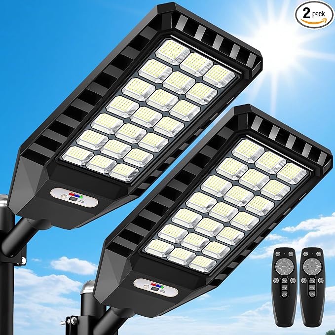 2-Pack Solar Street Lights Outdoor, 23” Large Solar Lights Outdoor Waterproof with Motion Sensor, 6500K LED Flood Lights, Dusk to Dawn Commercial Security Parking Lot Light for Driveway Yard Garden