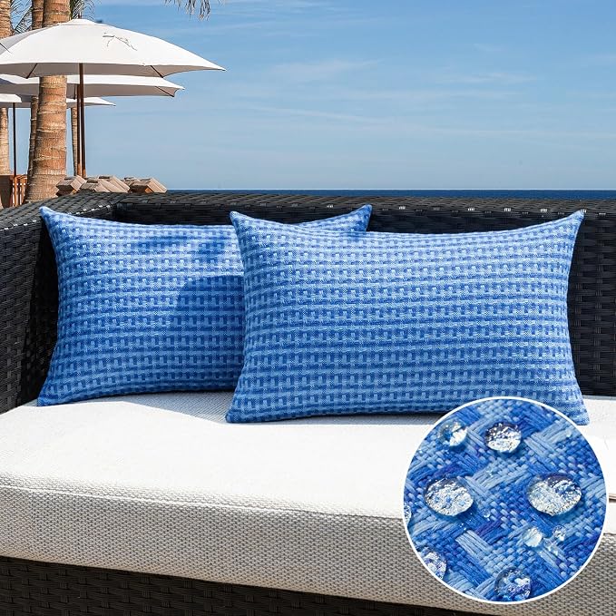 Kevin Textile Outdoor Waterproof 12"x24" Pillow Covers 2 Pack, Blue | Water Resistant Weaving Faux Linen Texture Throw Pillow Covers, Outside Decorative Pillowcases for Garden Patio Balcony Couch