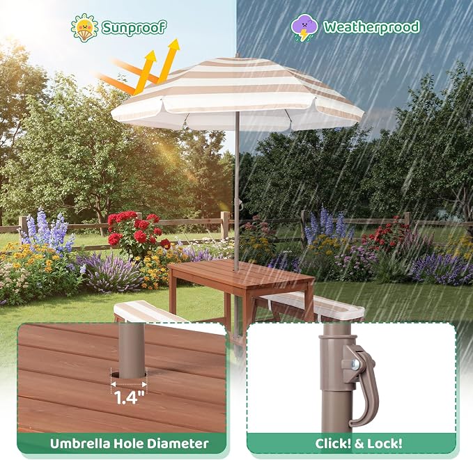 JOYMOR Kids Picnic Table Outdoor Wooden Table & Bench with Adjustable Umbrella, Picnic Table Set w/Removable Cushions for Backyard, Patio, Garden, Indoor(Walnut)