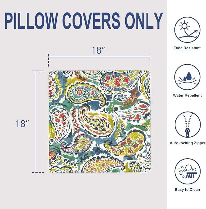 Outdoor Throw Pillow Covers Pack of 2, Decorative Water Repellent Square Pillow Cases with Piping 18x18 Inch, Paradise Paisley