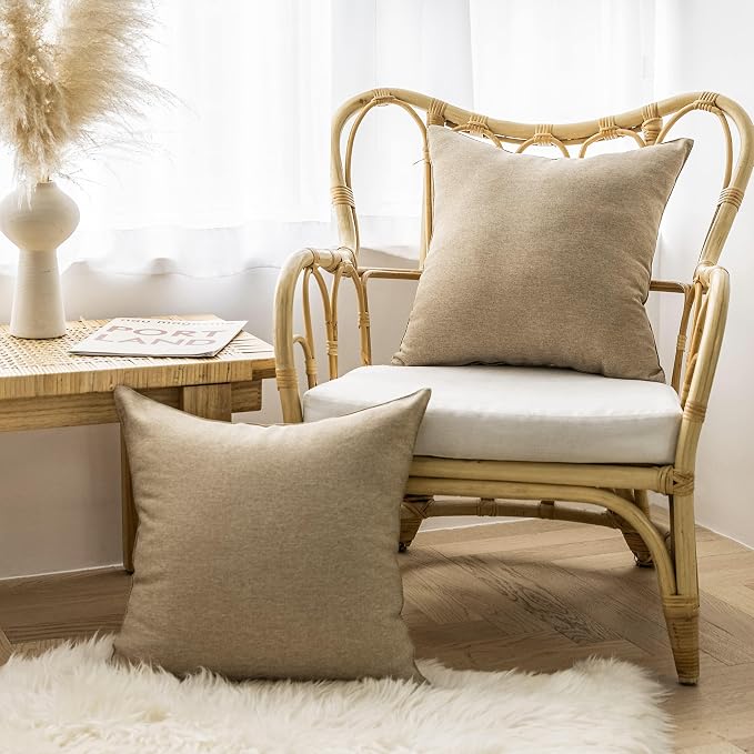 Home Brilliant Outdoor Pillows for Garden Patio Linen Throw Pillow Covers 20x20 Waterproof Euro Shams for Chairs Bedroom, 50x50 cm, Set of 4, Linen