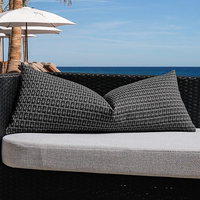 Kevin Textile Outdoor Waterproof 14"x36" Pillow Cover 1 Pack, Black | Water Resistant Weaving Faux Linen Texture Throw Pillow Covers, Outside Decorative Pillowcases for Garden Patio Balcony Couch