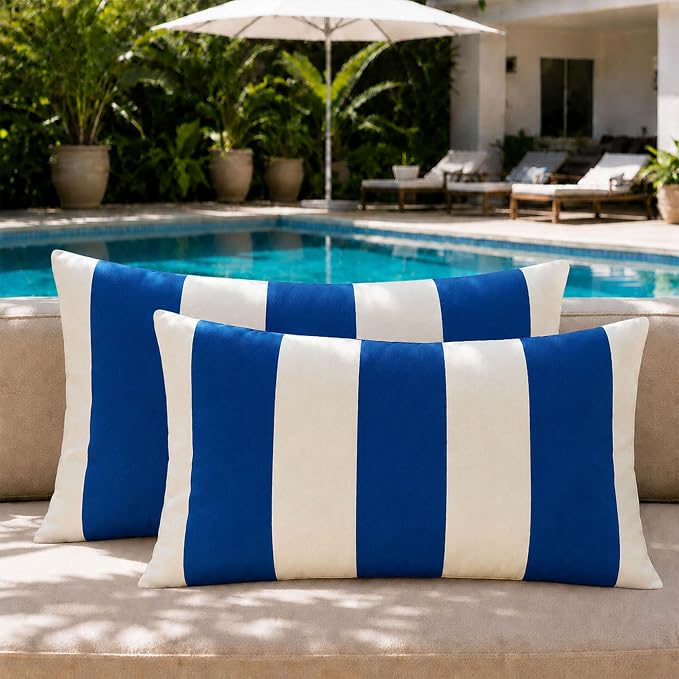 Allorry Outdoor Pillow Covers 12x20 Royal Blue Striped Outdoor Decor 007N12 | Striped Pillow Covers|for Spring Summer Outdoor Waterproof Garden Patio Furniture Sofa Bed Home Decor