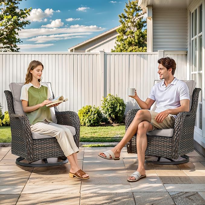 Outdoor Swivel Rocker Patio Chairs with 2 Ottomans - 5" Thick Cushion 5 Piece Furniture Set All Weather Wicker Conversation Set with Side Table for Porch Poolside and Deck - Brown/Beige