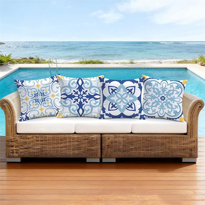 NIGHTWISH Outdoor Waterproof Pillow Covers 20x20 Set of 4 Blue Boho Decorative Outdoor Throw Pillows Floral Cushion Cases for Patio Furniture Bench Couch Sunbrella