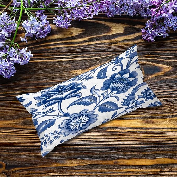 Set of 2 Blue and Ivory Indigo Floral Pillow Covers 12x24in Farmhouse Canvas Cushion Covers Outdoor for Couch Chair Home Decor for Family Friends