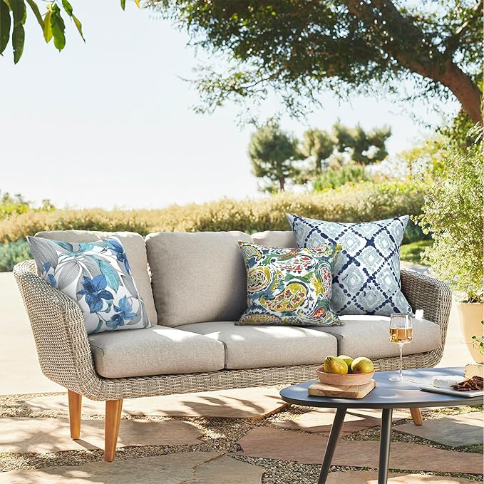 Outdoor Throw Pillows 16x16 Inch, Water Repellent Patio Pillows with Inners Set of 2 for Patio Furniture Home Graden, Paradise Paisley