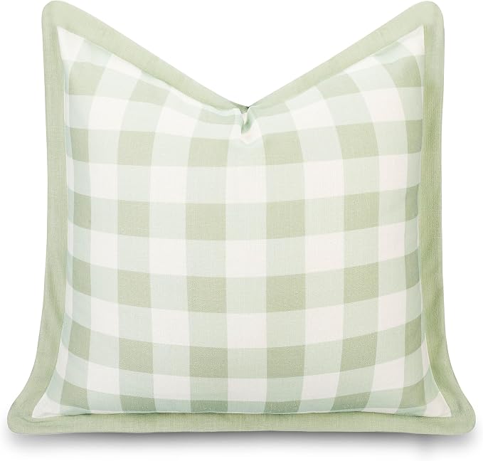 Modern Farmhouse California Casual Indoor Outdoor Throw Pillow Cover, 22"x22" Water Repellent for Patio, Backyard, Couch, Poolside, Light Green Print Gingham