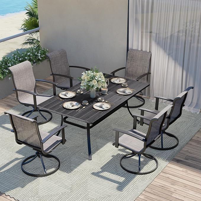Grand patio 7-Piece Patio Dining Set for 6, Outdoor Dining Set with Swiviel Patio Chairs & 1 Rectangular Woodgrain Dining Table with Umbrella Hole, Mixed Coffee