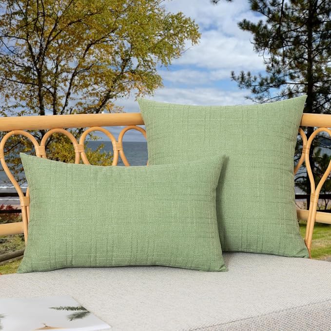 Kevin Textile Outdoor Waterproof 22”x22” Pillow Covers 2 Pack, Sage Green | Water Resistant, Soft Faux Linen-cotton Yarn-dyed Woven Texture Throw Pillow Covers for Tent Patio Garden Couch Sofa