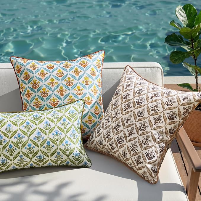 ANRODUO Floral Outdoor Waterproof Pillow Covers Set of 2 Orange 20x20 Inch | Square Block Print Decorative Cushion Cases With Refined Edge Piping for Summer Patio Porch Garden Couch Sofa Bench Decor
