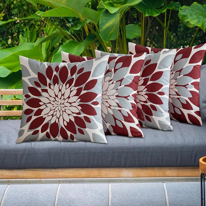 Pack of 4 Outdoor Waterproof Pillow Covers 18x18 Decorative Outdoor Throw Pillows Garden Square Cushion Cases for Patio Furniture, Couch, Tent Sunbrella, Bench, Burgundy Red Grey