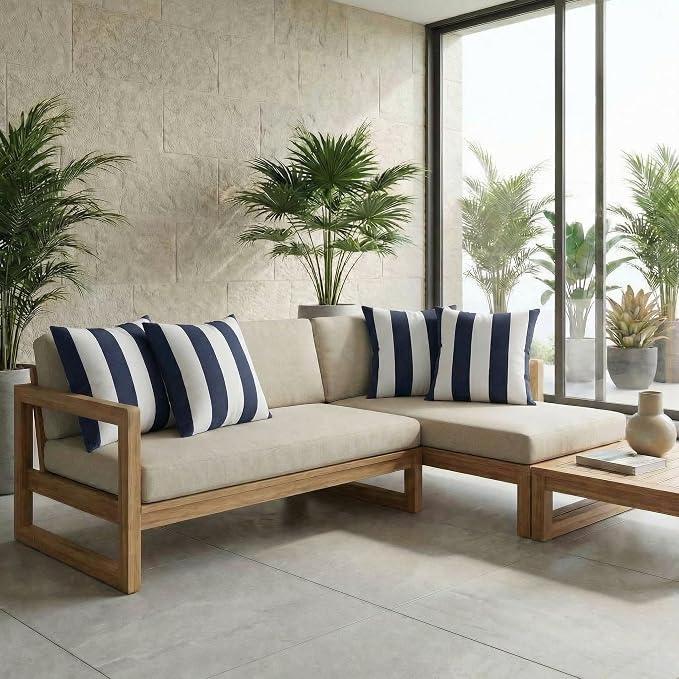 RSH DECOR: Sunbrella Square Throw Pillows Set of 4 | 24" x 24" | Water & Fade-Resistant | Outdoor Pillow Covers with Down-Alternative Inserts | Made in USA (Cabana Midnight Navy Stripe)
