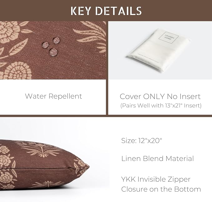 Modern Farmhouse California Casual Indoor Outdoor Lumbar Pillow Cover, 12"x20" Water Repellent for Patio, Backyard, Couch, Poolside, Cocoa Brown Tan Print Floral