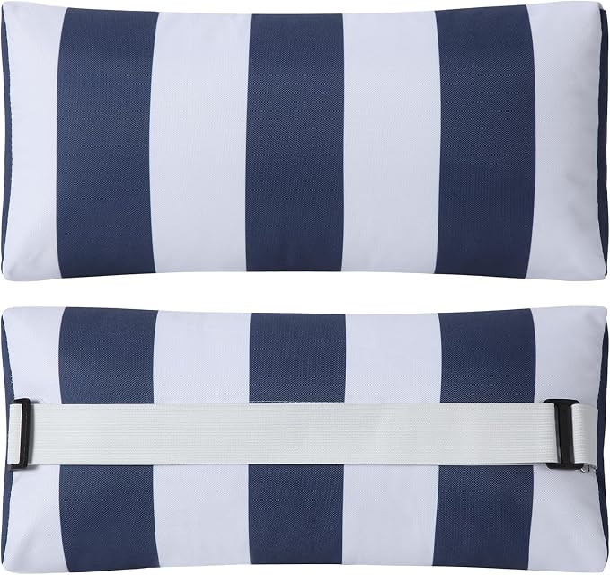 Outdoor Pillow for Chaise Lounge Chair, 2pcs Striped Chaise Lounge Pillows, Adjustable Strap Head Lumbar Pillow for Patio Pool Beach Office, Navy
