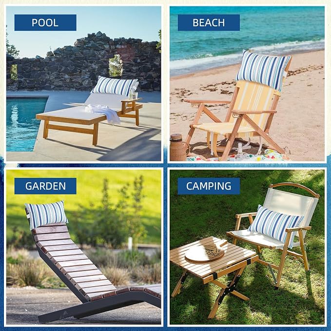 Chaise Head Rest Pillows Set of 2, Outdoor Lounge Pillow Lumbar Pillows with Insert and Adjustable Elastic Strap Decorative Pillows for Patio Beach Pool Chair, Blue White Stripe