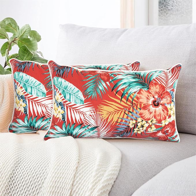 Lumbar Pillow with Insert, Set of 2, Outdoor Indoor Waterproof Decorative Patio Lumbar Pillow 12x20 Inch, Rectangular Cushion for Couch Sofa Garden Farmhouse Decoration-Chili Red Floral