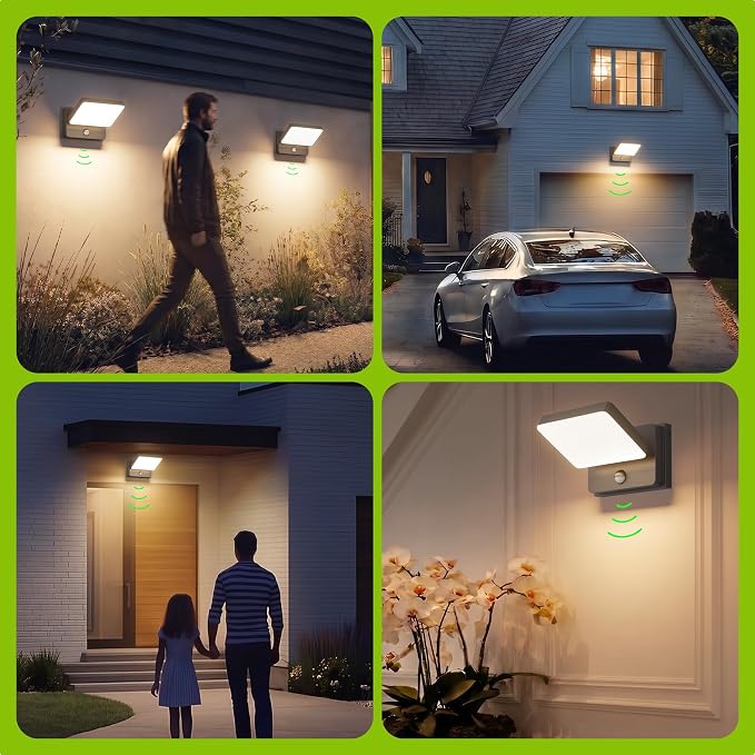 2-Pack Motion Sensor Outdoor Porch Lights Dusk to Dawn Wall Mount | 3 operating modes, IP65 waterproof aluminum construction, 3000K warm glow LED, 350° rotation