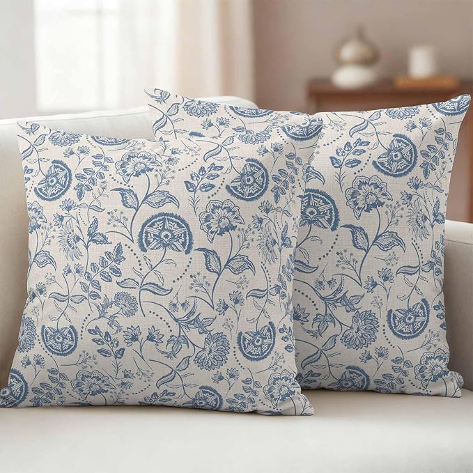 Outdoor Pillow Covers 18x18 Set of 2, Blue Paisley Waterproof Patio Throw Pillow Covers for Couch Sofa Chair, Vintage Boho Flower Botanical Leaf Branch Decorative Pillowcases for Throw Pillows