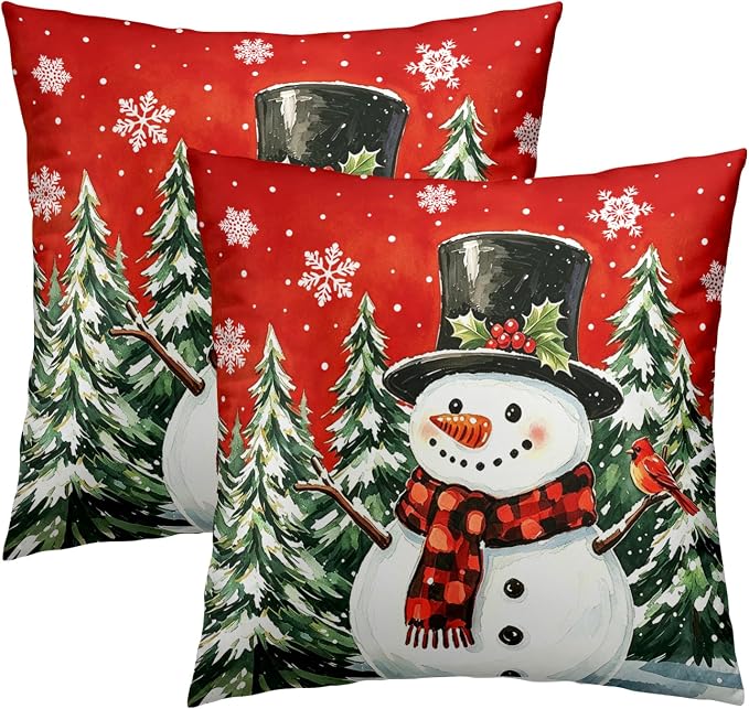 Christmas Throw Pillow Covers 22x22 Inch – Pack of 2 Snow Snowman Pine Trees Holiday Cotton Hidden Zipper Pillowcases for Couch Sofa Bed Porch Farmhouse Home Decor