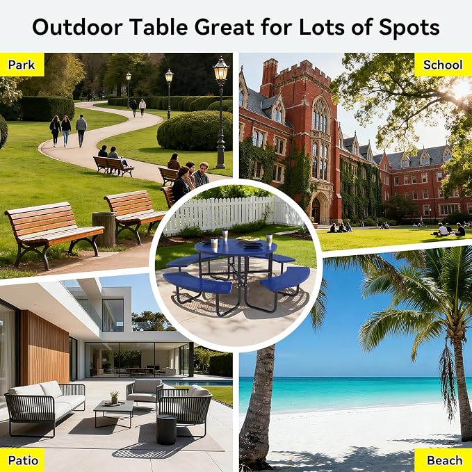 46 Inch Round Metal Picnic Table with 1.78" Umbrella Hole, All Weather Rust-Proof Metal Frame, Mesh Tabletop, Seats Up to 8 People, Easy Assembly for Patio, Backyard, Camping & BBQ, Blue