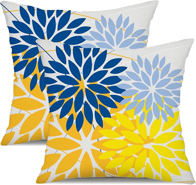 DFXSZ Pack of 2 Outdoor Waterproof Throw Pillow Covers 18x18 Blue Yellow | Polyester Colorful Spring Summer Floral Decorative Cushion Cases(NO INSERT),For Couch Patio Funiture Garden Home Decor