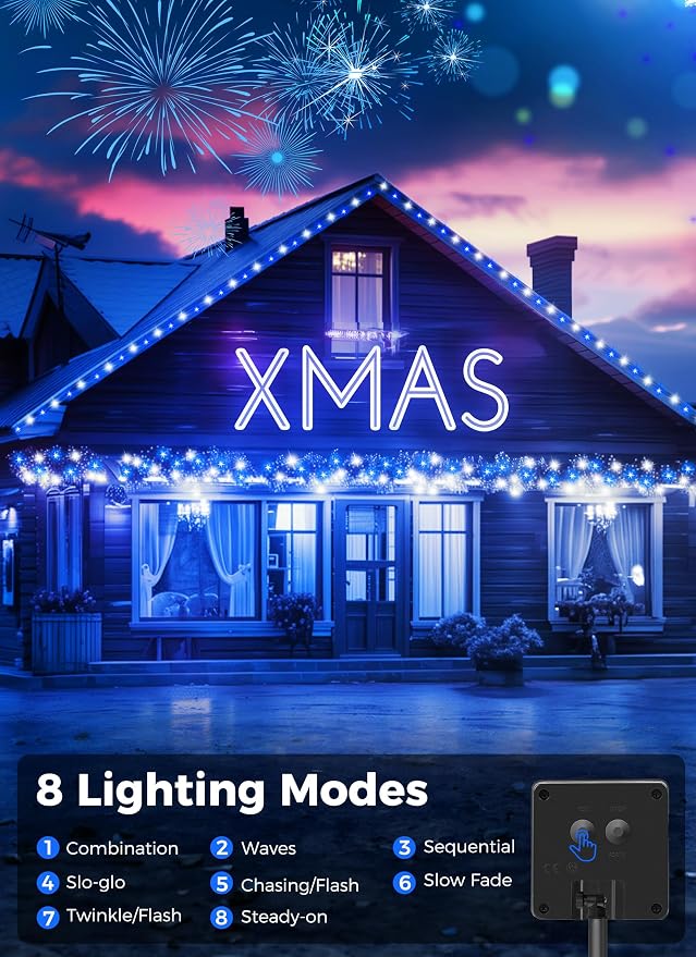Minetom Solar Christmas Lights Outdoor Waterproof, 2Pack Total 80FT 200 LED | Solar Christmas Outdoor Decoration with 8 Modes, Solar String Lights for Outside House Tree Yard Garden, Blue & Pure White