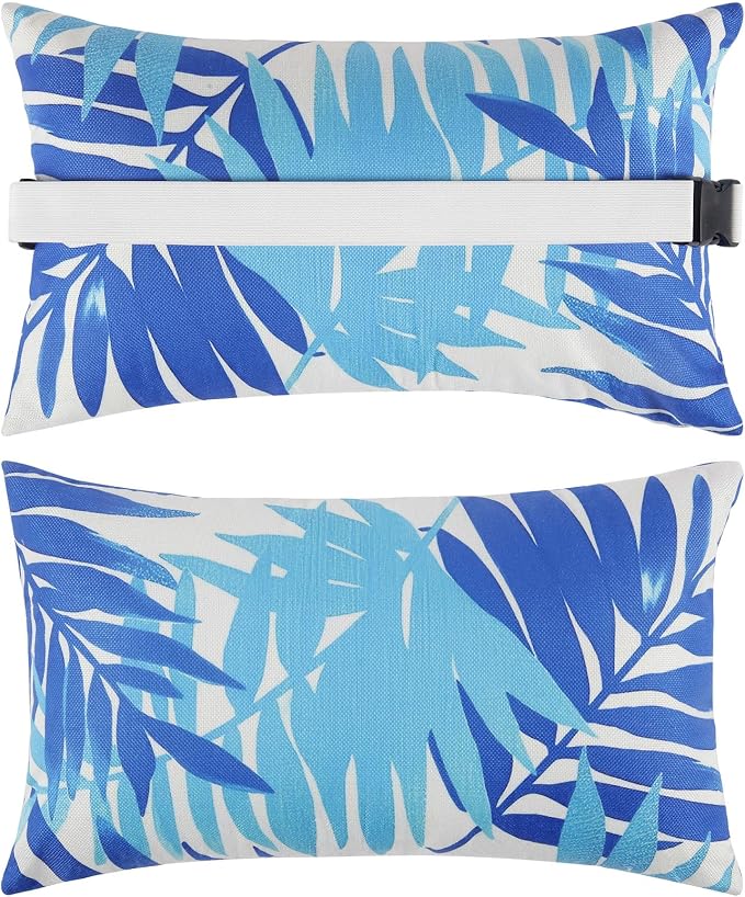 Outdoor Pillow for Chaise Lounge Chair, 2pcs Chaise Lounge Pillows Lumbar Pillows with Insert and Adjustable Elastic Strap for Patio Beach Office Chair, Blue Leave