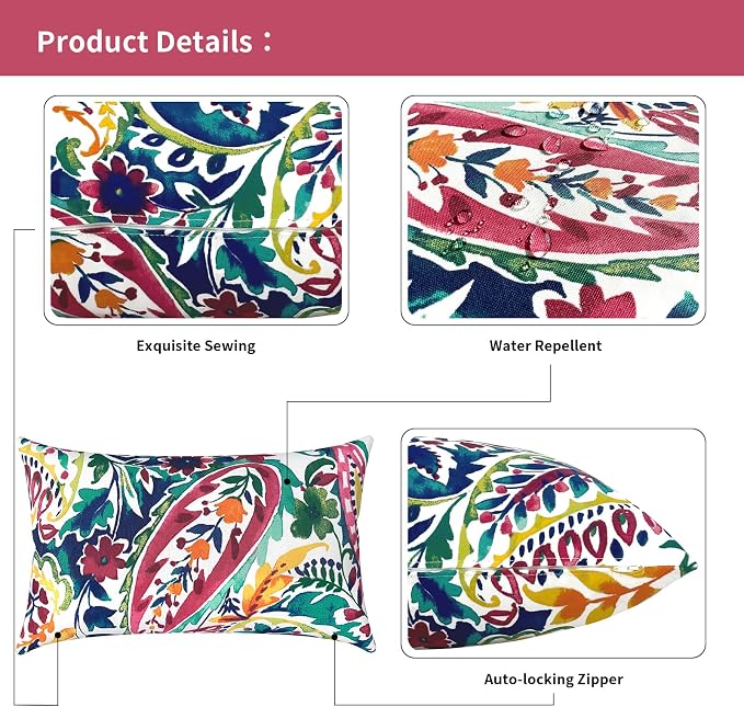 Outdoor Lumbar Pillow Covers 12”x20”, Rectangle Throw Pillow Covers for Patio Furniture, Decorative Lumbar Cushion Case for Garden Balcony Couch Office Chair, Pack of 2, Vigour Paisley