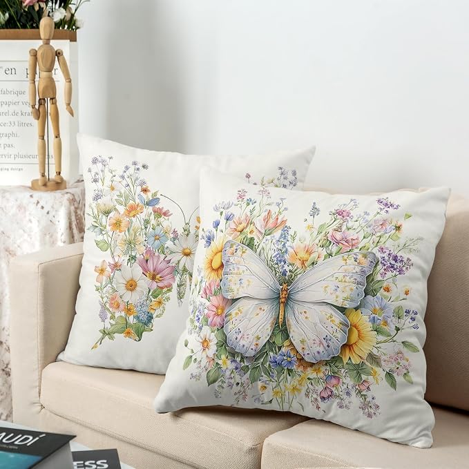 Set of 2 Colorful Butterfly Floral Pillow Covers Spring Summer Sunflower Throw Pillow Covers 24x24 Farmhouse Wildflowers Decorative Cushion Cases for Home Living Room Sofa Couch