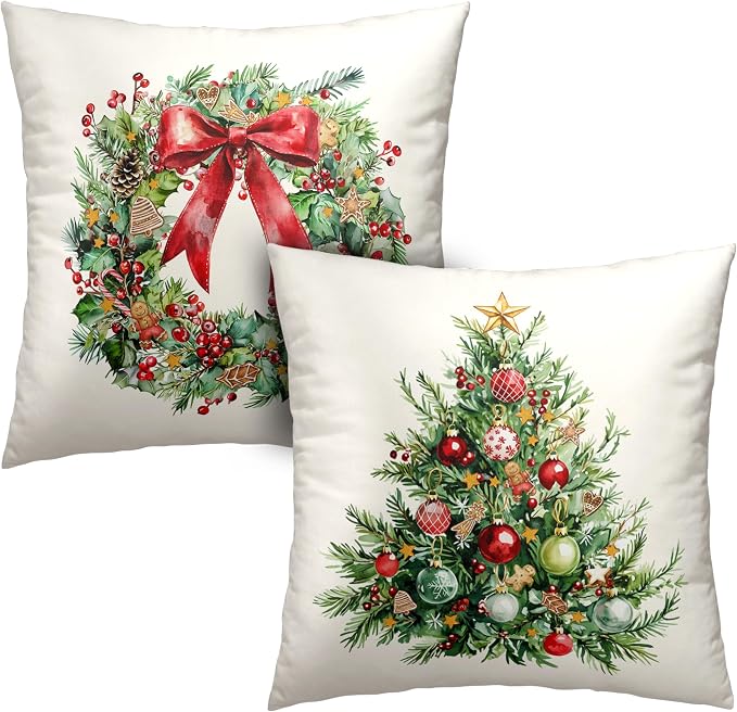 Set of 2 Christmas Tree Pillow Covers Xmas Wreath Throw Pillow Covers Red and Green Decorative Pillow Case 16x16 Winter Holiday Cushion Case for Home Decor Couch Sofa