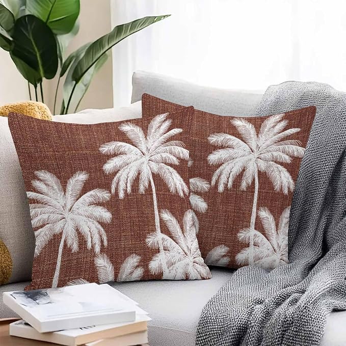 Outdoor Pillow Covers 24x24 Inch Set of 2, Brown Palm Trees Waterproof Throw Pillow Covers, Farmhouse Tropical Summer Beach Decorative Cushion Pillowcases for Couch, Sofa, Bed, Garden, Patio