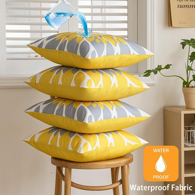 Pack of 4 Fall Outdoor Waterproof Pillow Covers 16x16 Decorative Outdoor Throw Pillows Garden Square Cushion Cases for Patio Furniture, Couch, Tent Sunbrella, Bench, Mustard Yellow Grey