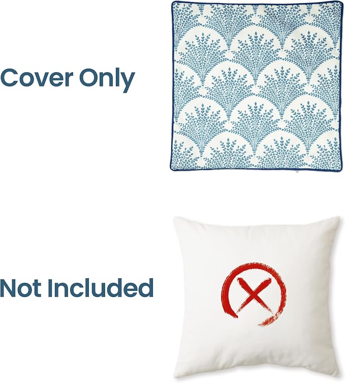 Outdoor Pillow Covers 18x18 Inch, Water-Resistant Decorative Pillow Covers Pack of 2, Floral Throw Pillow Case for Patio Furniture Tent Garden, Blue Feathered Flower with Blue Edge, Cover ONLY