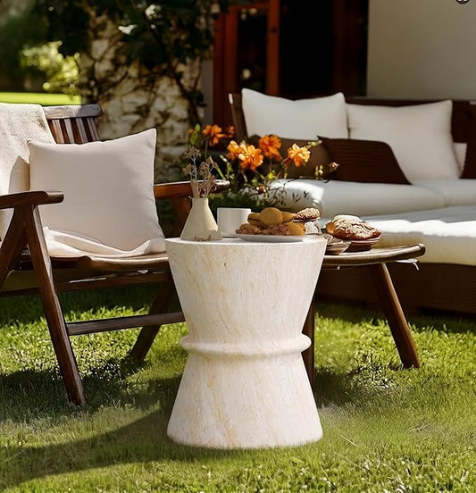 Outdoor Concrete Side Table, Contemporary Hourglass Accent Table with Faux Stone Coffee Tables for Indoor Outdoor, Garden End Table for Porch, Backyard Patio Living Room - 15.55" Beige Yellow MgO