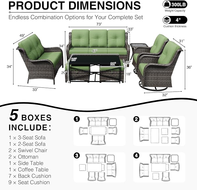 Joyside 8 Piece Wicker Patio Furniture Set, Outdoor Swivel Rocker Patio Chairs with High Back, Deep Seating, Wide Armrest, Thickened Cushions, Outdoor Furniture for Deck, Porch Use